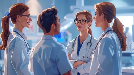 Group of medical professionals discussing and collaborating in a modern hospital environment, wearing lab coats and stethoscopes.
