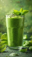Refreshing green smoothie made with fresh spinach and herbs in a tall glass, perfect for a healthy vegan diet or morning energizer.