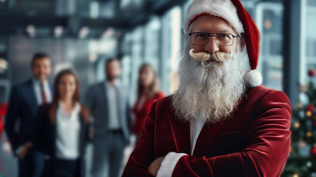 santa claus in front of business officials, business professionals in christmas seasonal blurry modern office background 