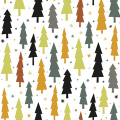 Obraz premium Small multi-colored Christmas trees and snowflakes isolated on a white background. Cute seamless pattern. Vector simple flat graphic hand drawn illustration. Texture.