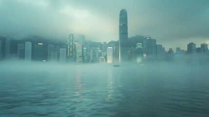 City center with skyscrapers immersed in fog. High buildings. Early morning glow.
