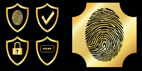 Set of security elements fingerprint, lock, secret password on shields, gold on black, flat, vector
