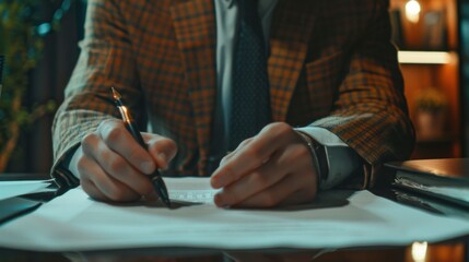 A lawyer reviews business documents to ensure accuracy while paying attention to detail.