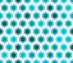 Vector science background. Hexagon bold mosaic cell with padding and inner solid cells. Cyan color tones. Hexagonal cells. Seamless pattern. Tileable vector illustration.