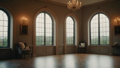 A bright and spacious room with elegant decor, arched windows, and soft lighting, creating a serene and inviting atmosphere.