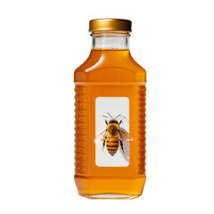 Garrafa de pl&aacute;stico com mel e abelha no r&oacute;tulo em fundo transparente, sem fundo.