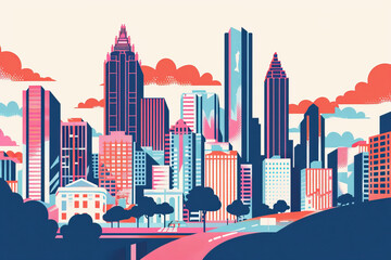 Risograph print travel poster illustration of Atlanta, Georgia, modern, isolated, clear, simple. Artistic, stylistic, screen printing, stencil, stencilled, graphic design. Banner, wallpaper