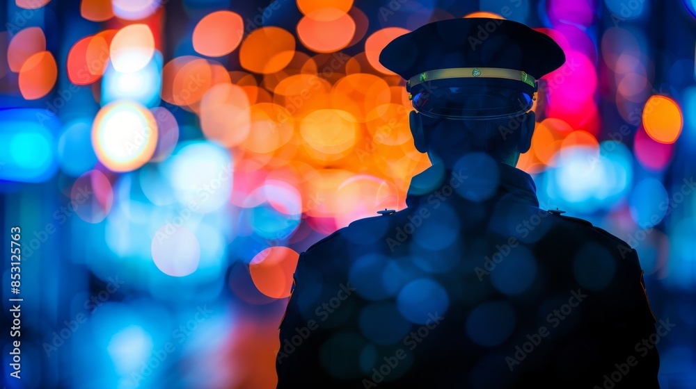 Wall mural a police officer stands before a cityscape with brilliant background lights..or,..police officer in  - Wall murals