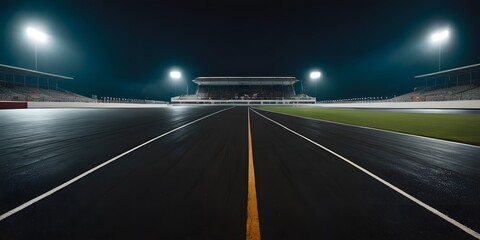 Obraz premium An empty race track with a clearly marked finish line, under bright stadium lights, creating a dramatic and anticipatory atmosphere.