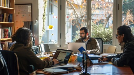"The image shows a group of diverse professionals working together in a creative and collaborative environment. They are using laptops and other technology to get the job done. The office is bright