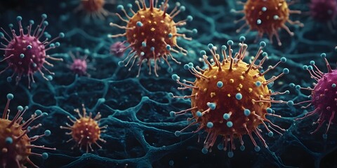 Fototapeta premium A highly detailed and colorful illustration of virus molecules, highlighting their complexity and microscopic beauty.
