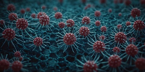 Fototapeta premium A vivid and intricate representation of virus molecules, showcasing their detailed and complex structures at a microscopic level.