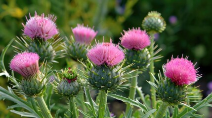 Obraz premium Flowers that are pink and have green foliage and prickles along the stem