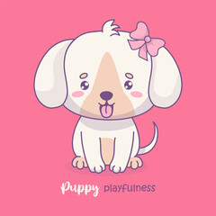 Funny white puppy with tongue hanging out. Cute cartoon kawaii animal dog . Vector illustration. Kids collection