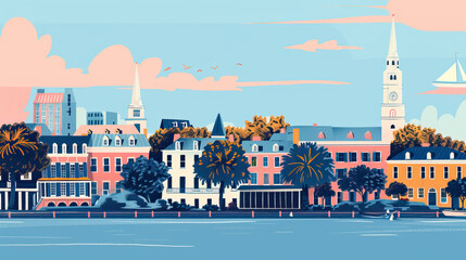 Naklejka premium Risograph print travel poster illustration of Charleston, modern, isolated, clear, simple. Artistic, stylistic, screen printing, stencil, stencilled, digital duplication. Banner, wallpaper 