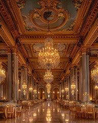 majestic ballroom with grand chandeliers and intricate ceiling artwork, refined table arrangements and luxurious decor, elegant and stately setting
