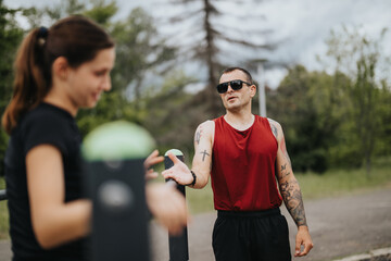 A tattooed man in a red tank top provides guidance to a young woman during an outdoor fitness session in a park, fostering teamwork and fitness engagement.