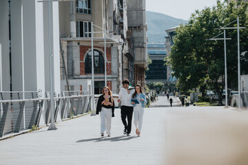 Obraz premium Three business colleagues walk and discuss a project in a modern urban area. Outdoor professional setting emphasizing teamwork and collaboration.