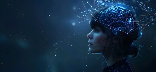 A woman with an AI brain, connection lines between her head and the digital world, dark background, blue lighting, in the style of an AI artist
