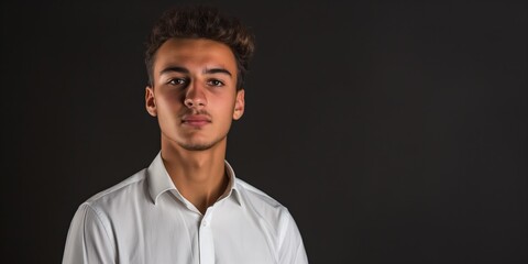 Obraz premium A serious, smart-looking young man in a white shirt poses confidently against a dark background.