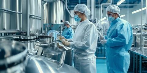 A medicine manufacturing factory with sterile conditions, workers in protective suits, and advanced machinery.