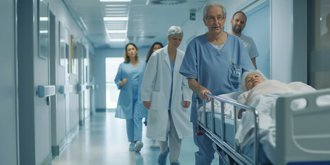 Obraz premium A medical team transporting a patient on a trolley in a hospital hallway, showcasing teamwork and care.