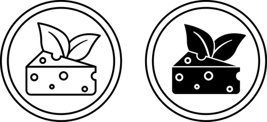 Vegetarian icons. Black and White Vector Icons of Cheese and Young Leaves. Label for Natural and Organic Products. Ecological Food