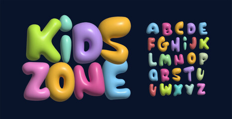 Playful plasticine 3D alphabet, colorful chewing gum letters, joyful bubble typography for kids logos, vibrant headline design, funky cartoon style, nursey birthday party typeface. Vector typeset