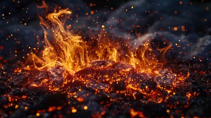 A close-up of lively flames and embers from a summer bonfire. AIG50