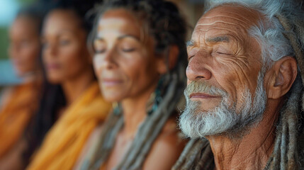 Close up portrait of old gray-haired senior man with beard practicing yoga outdoors, meditating and praying