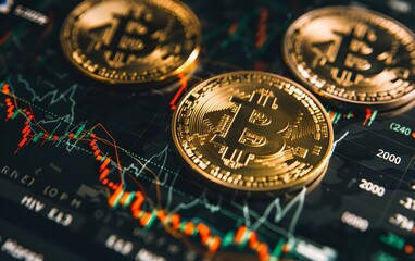 Bitcoins with exchange trading charts data in the background. Cryptocurrency and modern blockchain technology. Electronic decentralized money concept. Digital crypto coin. 