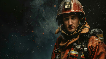 close up of a fireman on fire background, fireman at the work, portrait of a fireman