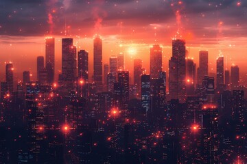 Fototapeta premium Cityscape at Sunset with Red Sky and Sparkling Lights.