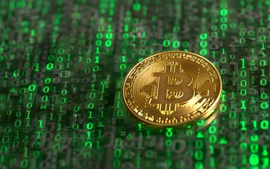 Bitcoin on digital binary code background. Cryptocurrency and modern blockchain technology. Electronic decentralized money concept. Digital crypto coin. Banner with copy space