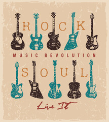 Fototapeta premium Vector illustration of a group of stylized guitars with lettering composition. Editable art in rustic lines for prints on t-shirts, posters, etc.