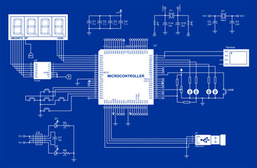 Connection of peripheral devices (terminal, keyboard, lcd display,
usb) to the microcontroller. Vector electrical
schematic diagram of an electronic device for reading 
and outputting data.
