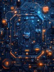 Futuristic Circuit Board with Glowing Lights.