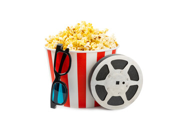 Tasty popcorn in buckets and cold cola drinks with cinema tickets, movie clapper and 3D eyeglasses...