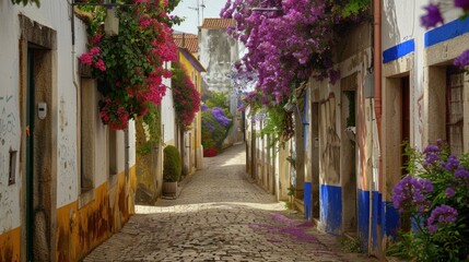 Cobblestone streets of Obidos, Portugal are a sight to behold. They are lined with colorful flowers like bougainvillea and wisteria, creating a beautiful view