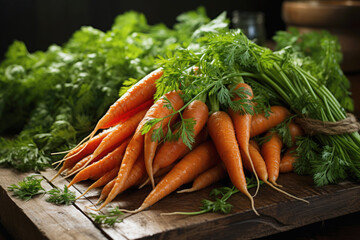 pile of fresh carrots with green tops on wooden surface.