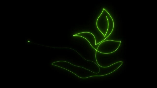 Neon hand plant. A hand holding a plant. Small tree. Protection of the environment. Growth of new trees and plants. Line art. Neon line. Hand showing growing plant. Seed and seedling. Planting sapling