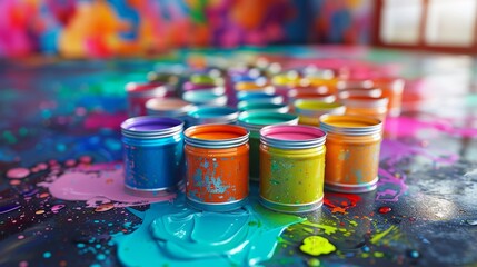 Vibrant Paint Cans in Abstract Artistic Setting with Splashes of Color