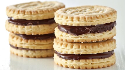 Sandwich biscuits with chocolate filling on a white background. Generative Ai