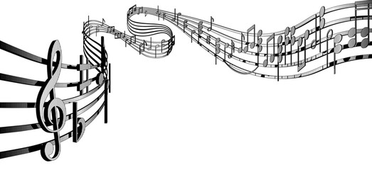 Musical notes on winding lines in black and white vintage engraving style isolated on white. Vector illustration 