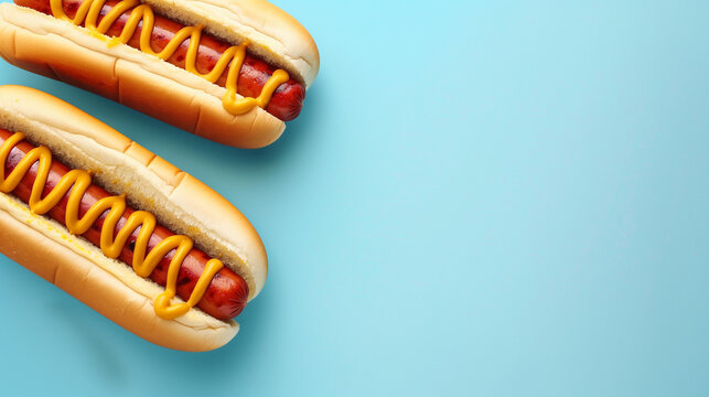 National Hot Dog Day background, summer hot dog party festival food, two delicious classic American hot dogs with sauces on blue background.