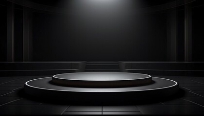 Dimly lit empty round stage with dark background, perfect for showcasing products or presentations in a professional setting.