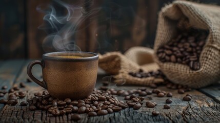 teaming Cup of Coffee on Wooden Table Coffee blurred background
