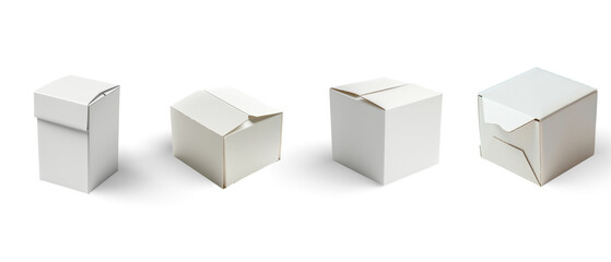 Set of Different White Cardboard Boxes with Transparent Background for Packaging. Perfect for packaging design concepts, product presentations, or e-commerce product listings.