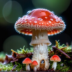 Mushroom with red cap, with drops of dew in the upper part immersed in green vegetation