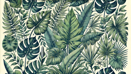 Botanical illustration. Tropical seamless pattern. Rainforest, jungle. Palm leaves, monstera, colocasia, banana. Hand drawing for the design of fabric, paper, wallpaper, and notebook covers